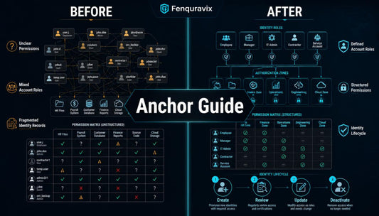 A digital infographic titled 'Anchor Guide' by Fenquravix, comparing a 'BEFORE' state on the left with an 'AFTER' state on the right, using dark blue and black backgrounds with glowing cyan and white interface elements and icons.