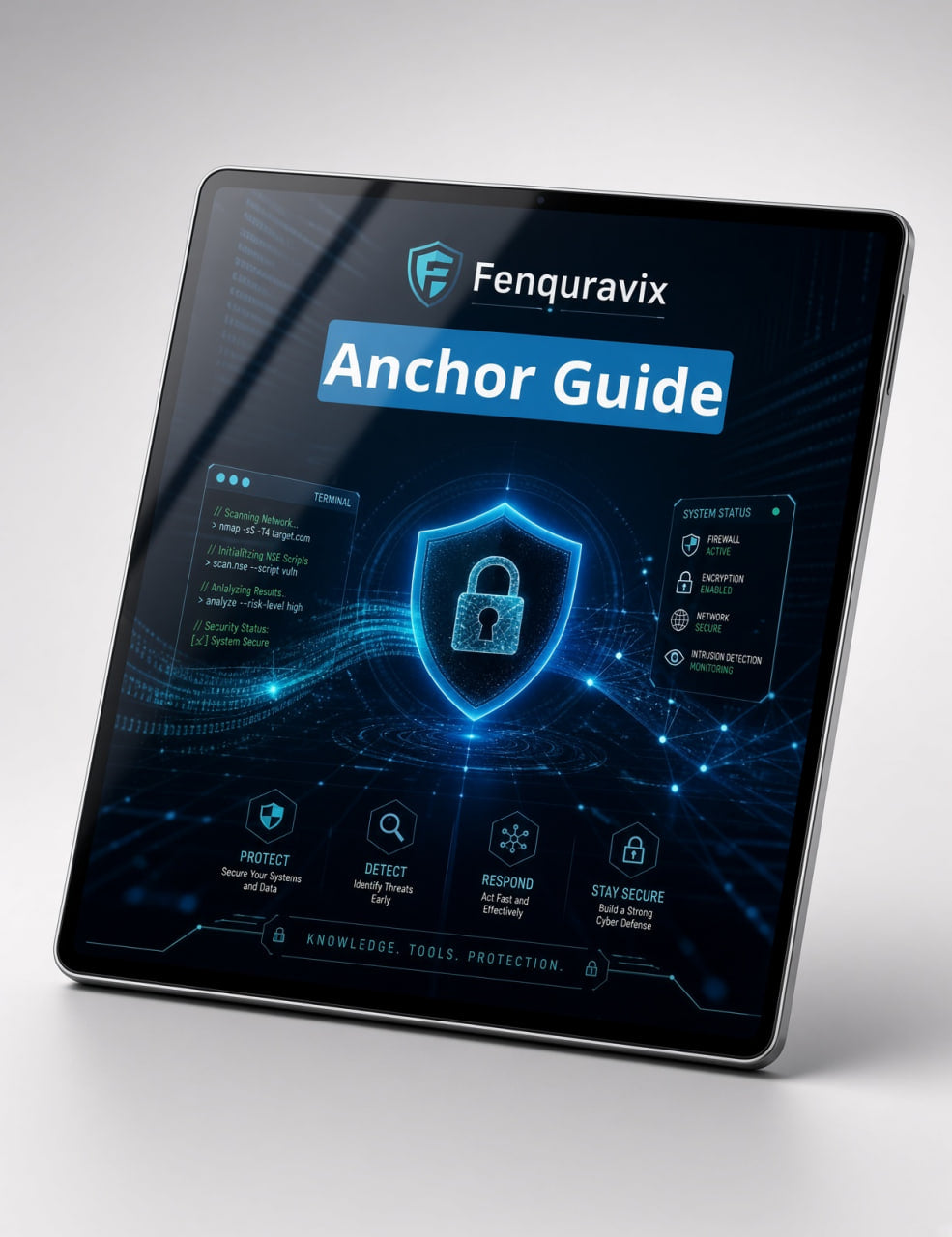 A tablet device displaying a digital guide titled 'Fenquravix Anchor Guide' with blue and black futuristic interface graphics, shown on a clean light gray background.