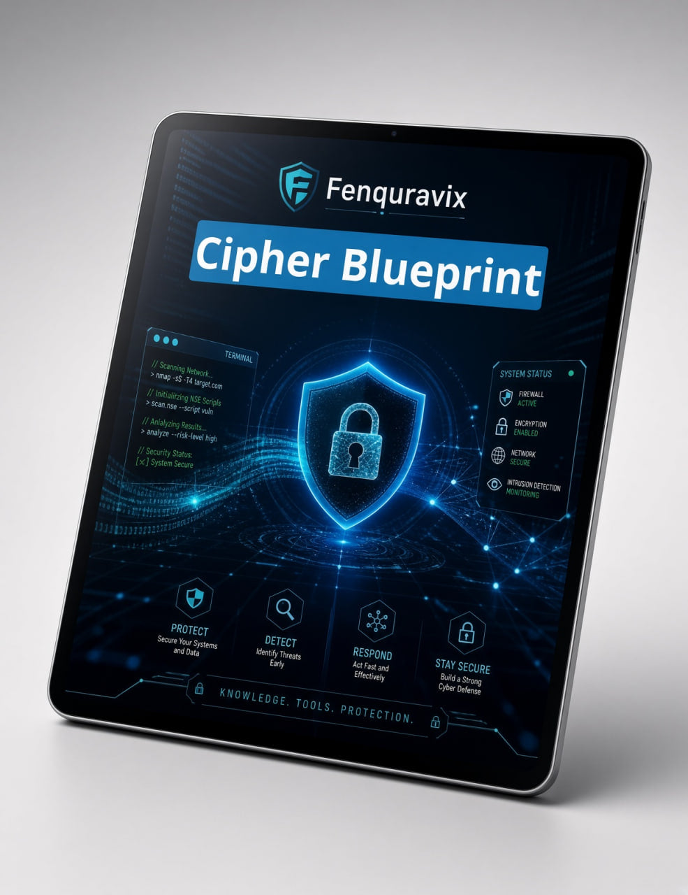 A tablet device displaying a digital interface titled 'Fenkuravix Cipher Blueprint' with glowing blue security shield graphics and dark blue UI panels on a light gray studio background.