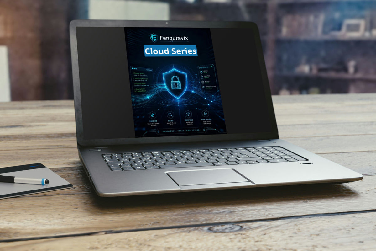 A silver laptop sits open on a rustic wooden table, displaying a digital screen with a blue and black cybersecurity graphic that reads 'Fengqurawi Cloud Series.' A small notebook and pen are partially visible on the left, with a softly blurred indoor background behind the laptop.