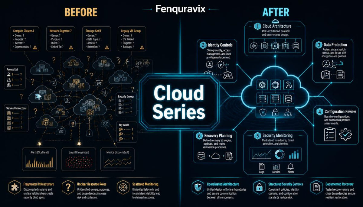 A dark navy and black infographic titled 'Fenquravix Cloud Series' comparing a 'Before' cloud architecture state with an 'After' secure, resilient cloud architecture state, using glowing blue icons and text.