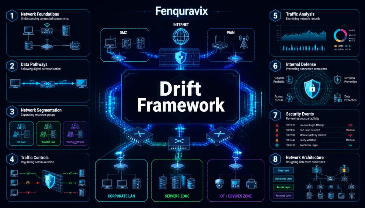 A digital infographic titled 'Fenquravix Drift Framework' displaying a futuristic network architecture diagram with glowing blue and green lines, data nodes, and numbered sections from 1 to 8 on a dark background.