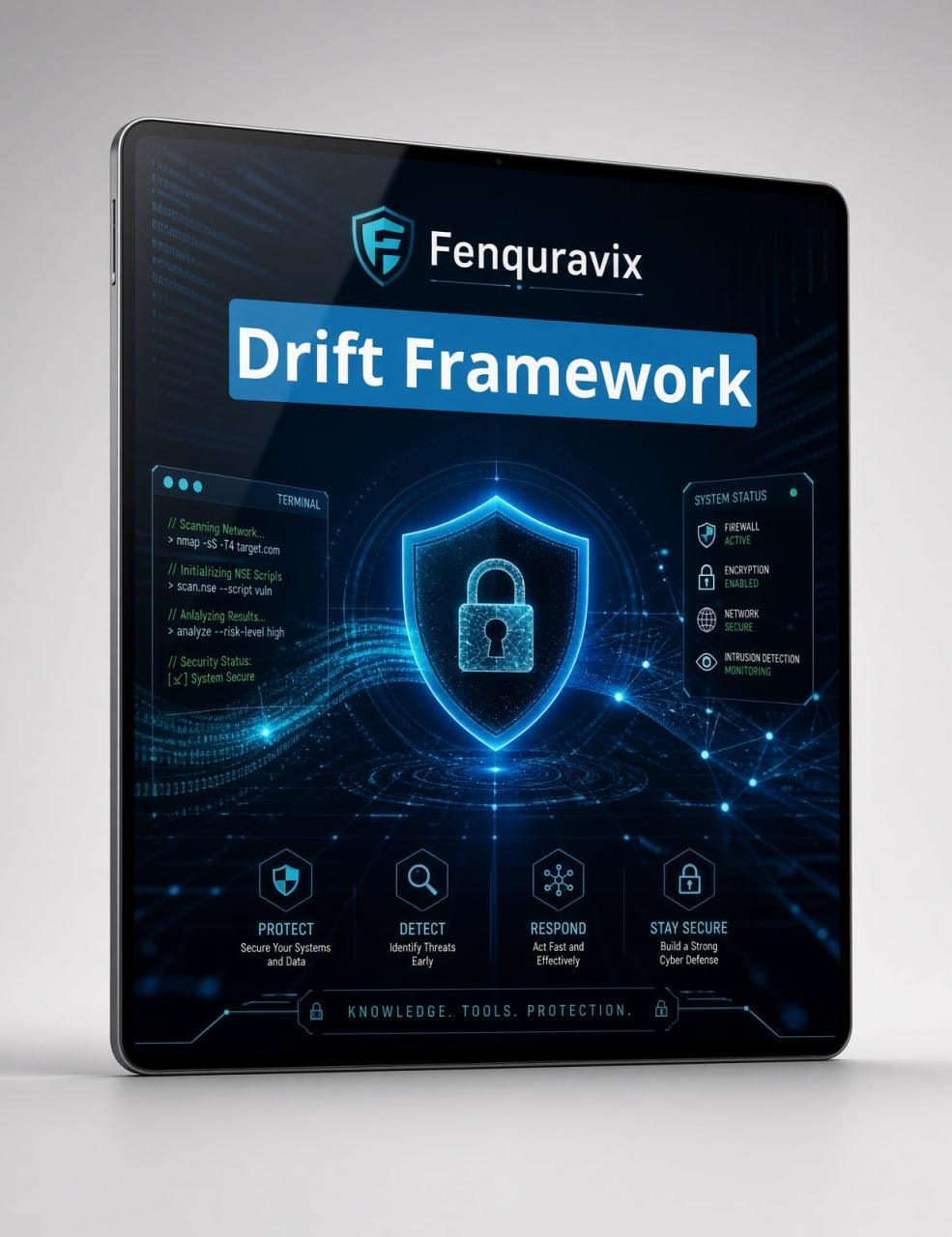A tablet device shown at a slight angle on a light gray background, displaying a digital interface for Fenquravix Drift Framework with blue glowing shield and lock graphics.