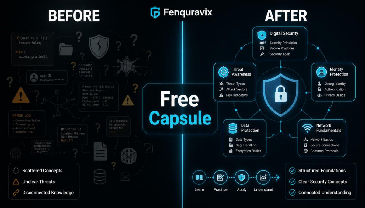 A promotional infographic for Fenguravix 'Free Capsule' learning content, comparing a 'Before' state of scattered concepts with an 'After' state of structured security knowledge, using a dark blue and black theme with glowing cyan accents.
