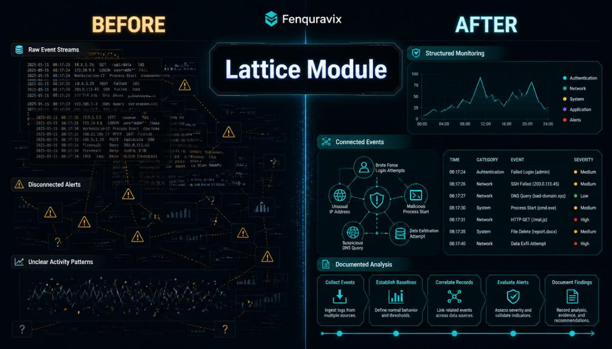 A dark digital interface graphic labeled BEFORE and AFTER with the central title 'Lattice Module' and Fenquravix branding. The left side shows a chaotic data stream and warning icons, while the right side shows a structured dashboard with charts, connected event icons, and status cards.