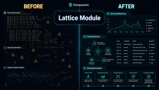 A dark digital interface graphic labeled BEFORE and AFTER with the central title 'Lattice Module' and Fenquravix branding. The left side shows a chaotic data stream and warning icons, while the right side shows a structured dashboard with charts, connected event icons, and status cards.