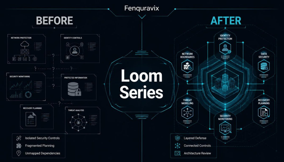 A dark promotional infographic for Fenquravix Loom Series, comparing 'Before' and 'After' states with glowing cyan technical diagrams and icons on a black background.
