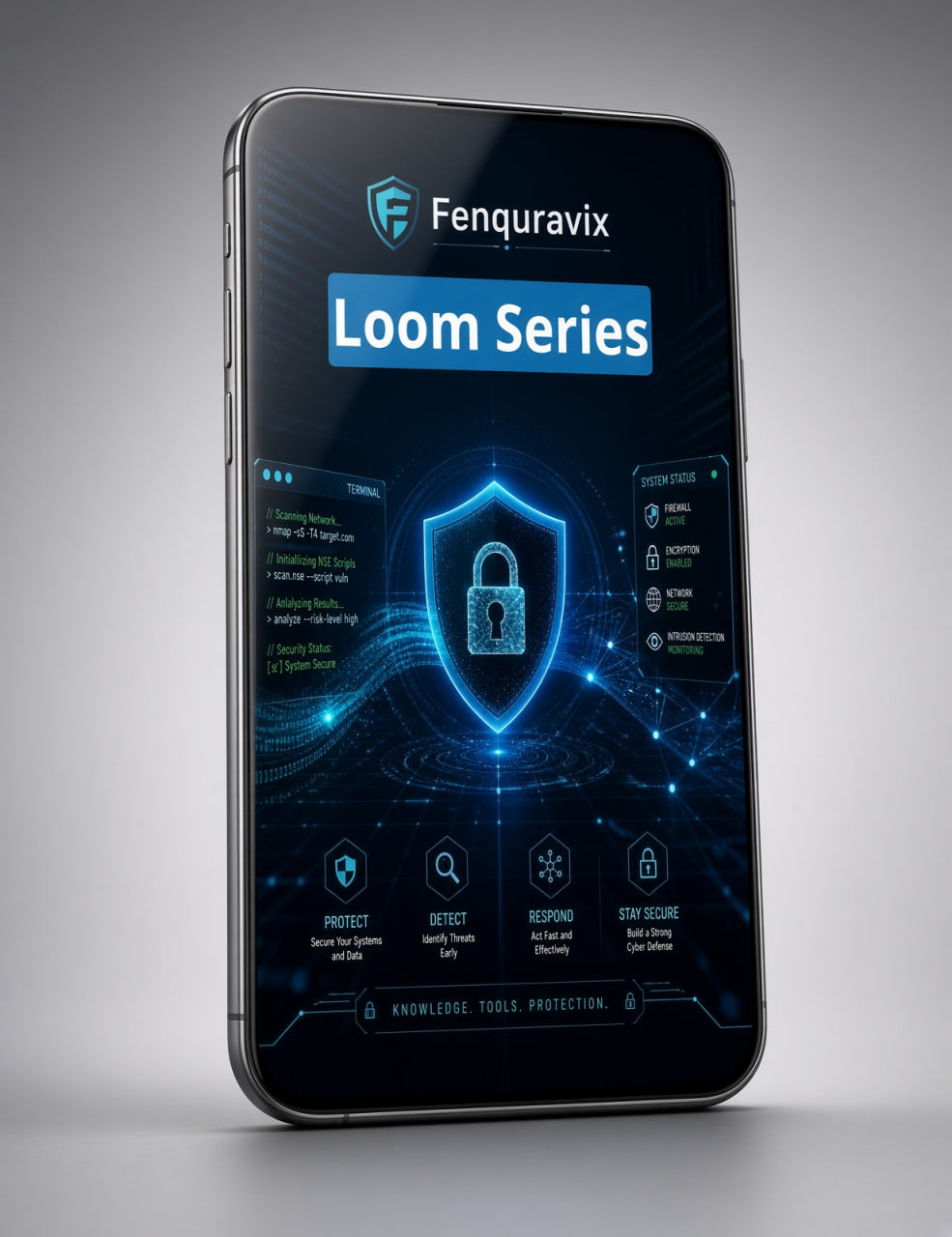 A smartphone shown upright on a neutral gray studio background, displaying a dark blue and black digital security interface with the text 'Fenquravix' and 'Loom Series' and a glowing lock icon.