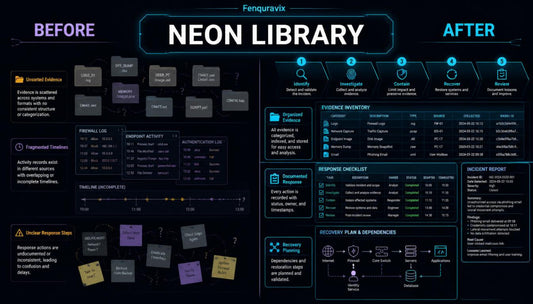 A digital infographic poster titled 'NEON LIBRARY' by Fenquravix, showing a 'BEFORE' and 'AFTER' comparison layout with various dark-themed boxes, text, and diagrams on a black background.