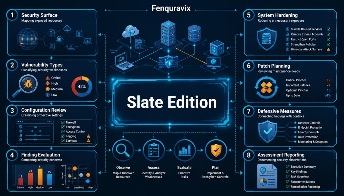 A digital infographic titled 'Fenquravix' and 'Slate Edition' presenting a cybersecurity roadmap with eight numbered sections on a dark blue background, featuring icons, charts, and diagrams.