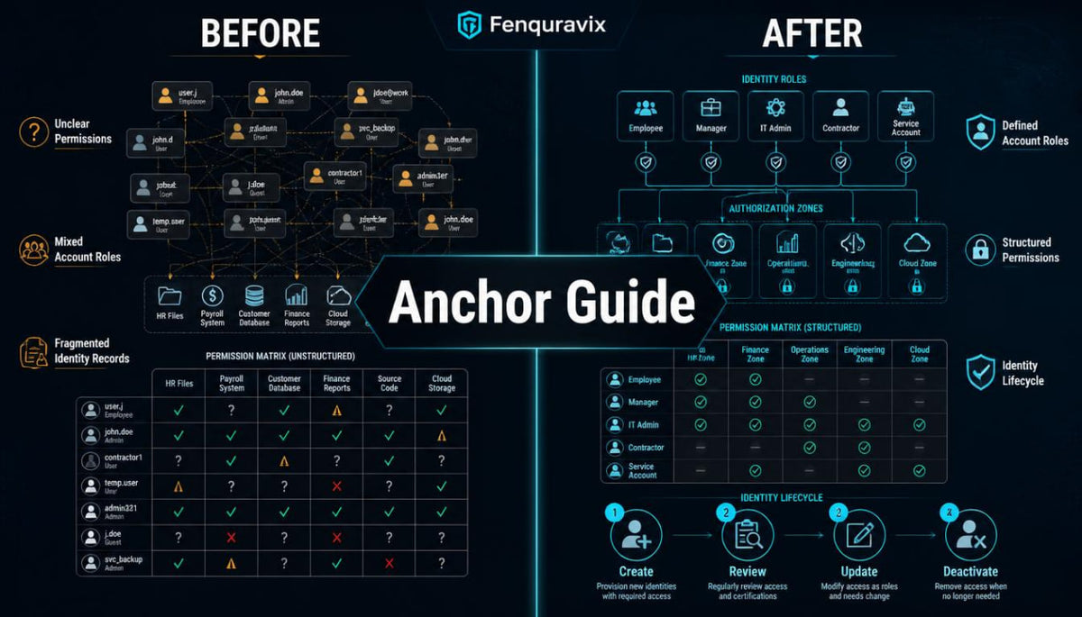 A digital infographic titled 'Anchor Guide' by Fenquravix, comparing a 'BEFORE' state on the left with an 'AFTER' state on the right, using dark blue and black backgrounds with glowing cyan and white interface elements and icons.