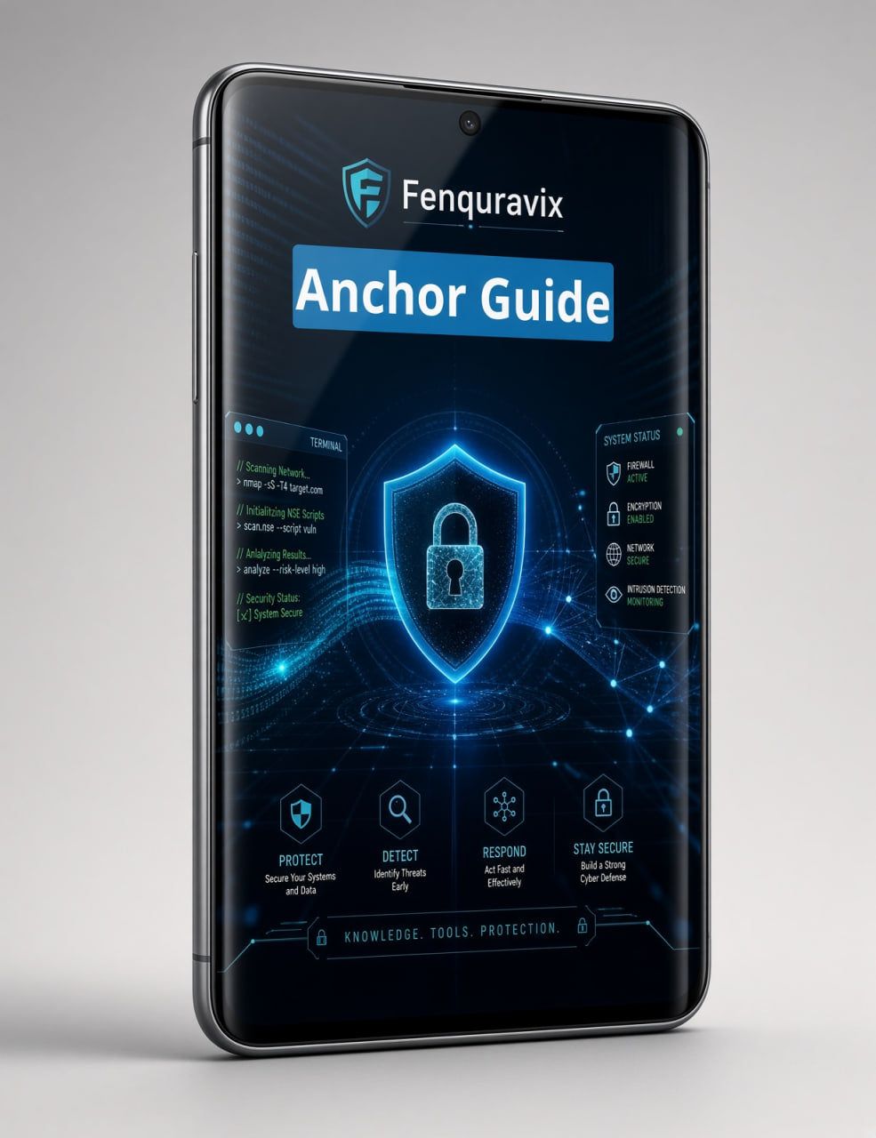 A black smartphone displaying the Fenquravix Anchor Guide app interface, set against a clean light gray studio background.