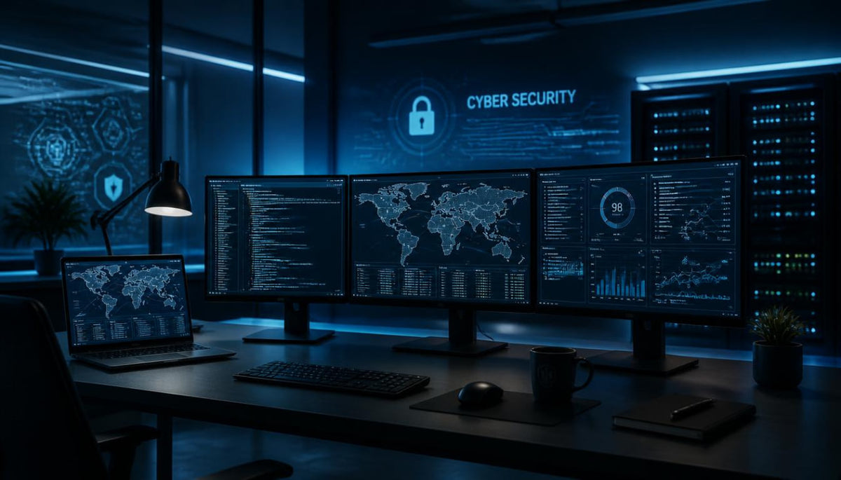 A dark, futuristic cyber security workstation with multiple computer monitors displaying world maps, data charts, and code, under blue LED lighting.