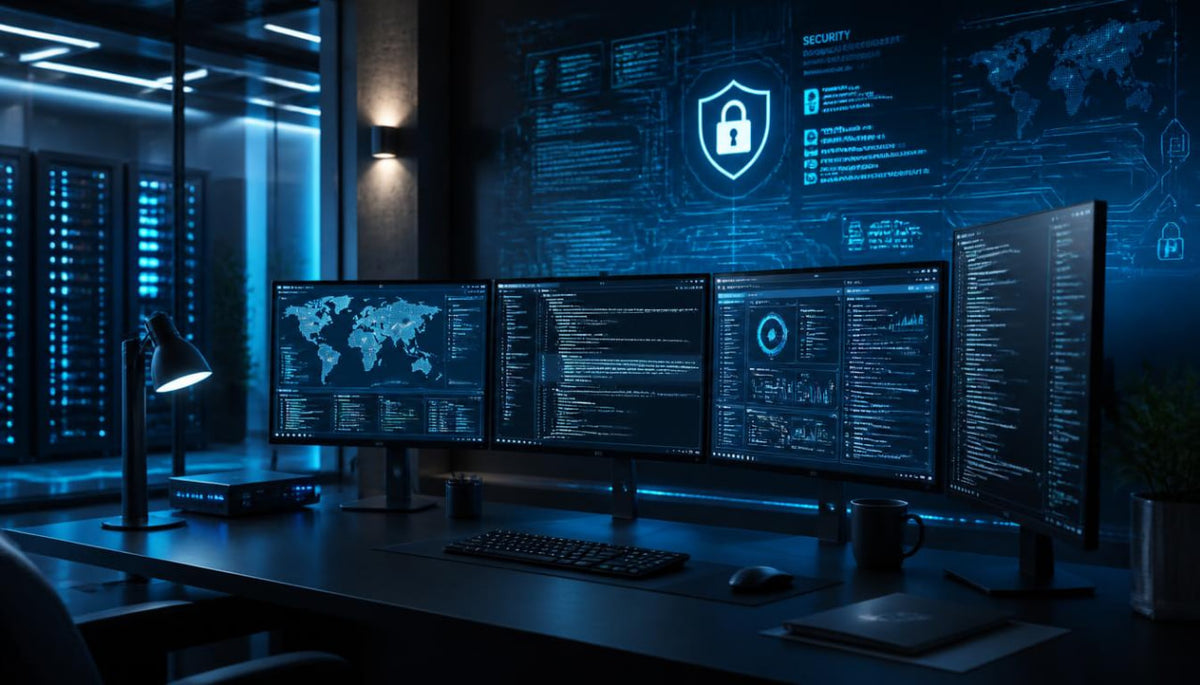 A dimly lit home office or cybersecurity workspace with multiple computer monitors displaying blue-toned code, maps, and security dashboards on a dark desk.