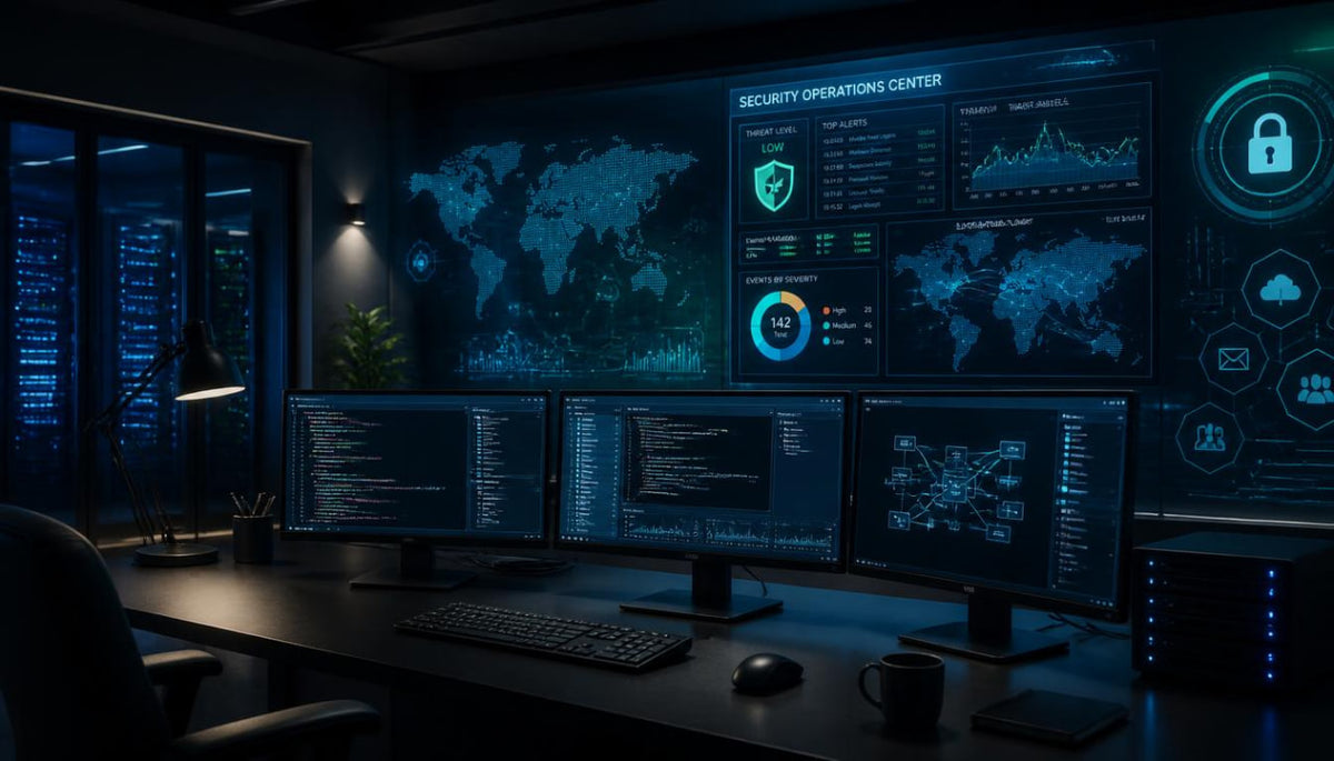 A dark, futuristic security operations center with multiple computer monitors displaying blue and green data visualizations, a world map, charts, and lock icons on a large wall display.