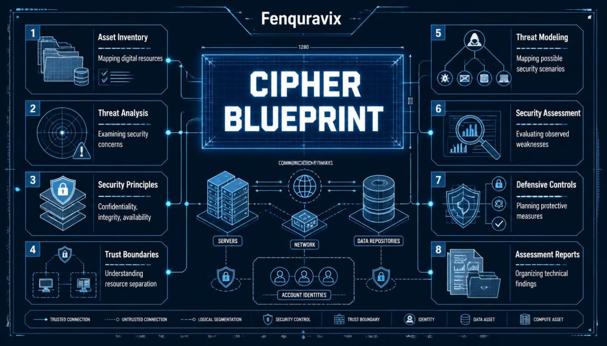 A digital infographic poster titled 'Fenquravix CIPHER BLUEPRINT' in glowing blue text on a dark navy background. The design features numbered steps 1 through 9 around a central network diagram with icons for databases, servers, and security symbols, all in a cyberpunk tech style.