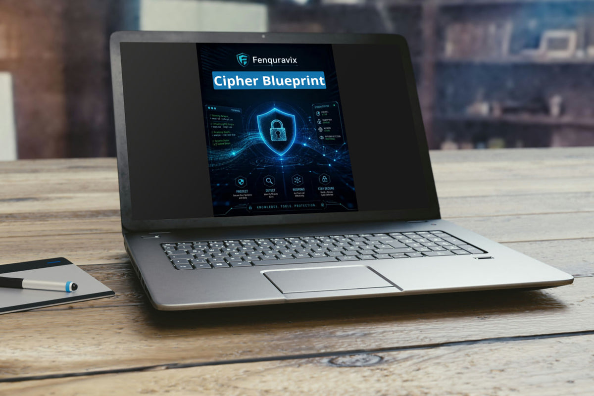A silver laptop sits open on a wooden desk, displaying a digital screen with the text 'Fenquravix Cipher Blueprint' and a blue lock graphic. A small notebook and pen are partially visible on the left, with a softly blurred indoor background.