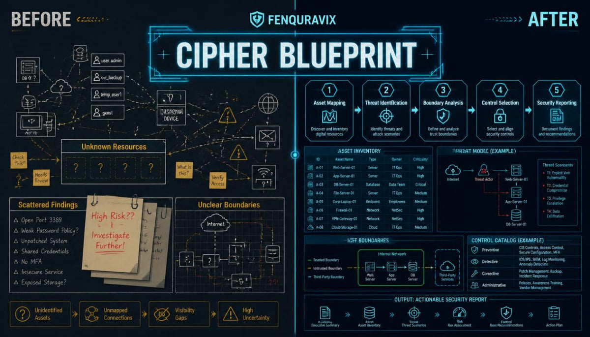 A digital infographic poster titled 'CIPHER BLUEPRINT' by Fenquravix, showing a before-and-after comparison of security or system analysis diagrams in a dark cyberpunk style.