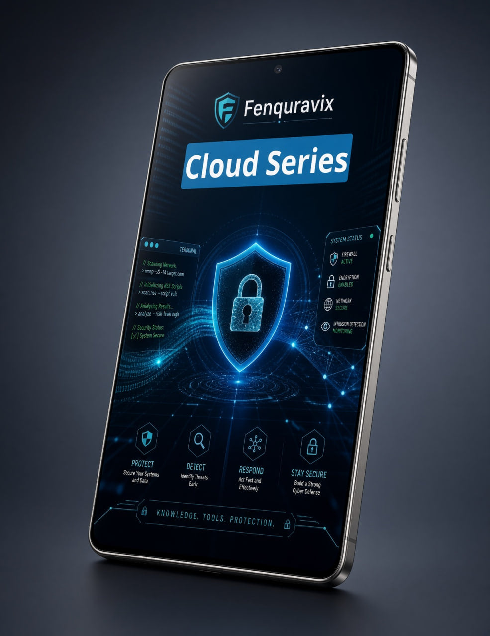 A smartphone shown at an angle on a dark studio background, displaying a futuristic blue security app interface with the brand name Fenquravix and the text Cloud Series.