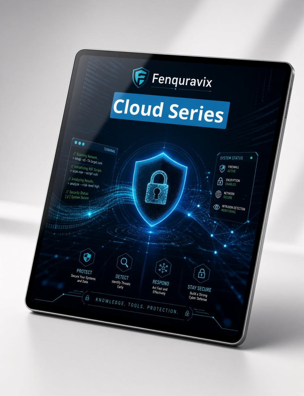 A tablet device displaying a futuristic blue and black Cloud Series security dashboard, branded Fenquravix, shown on a clean light gray background.