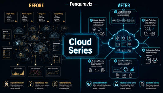 A dark navy and black infographic titled 'Fenquravix Cloud Series' comparing a 'Before' cloud architecture state with an 'After' secure, resilient cloud architecture state, using glowing blue icons and text.