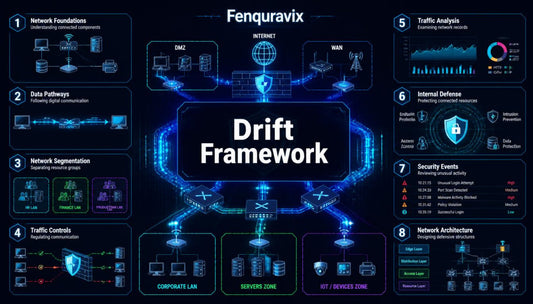 A digital infographic titled 'Fenquravix Drift Framework' displaying a futuristic network architecture diagram with glowing blue and green lines, data nodes, and numbered sections from 1 to 8 on a dark background.