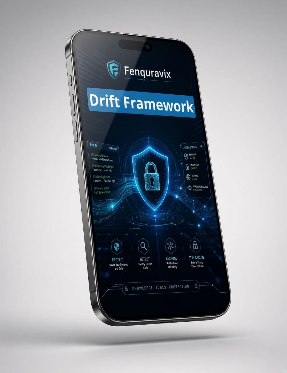 A smartphone mockup angled in 3D on a light gray gradient background, displaying the 'Fenkuravix' 'Drift Framework' software interface on its screen.
