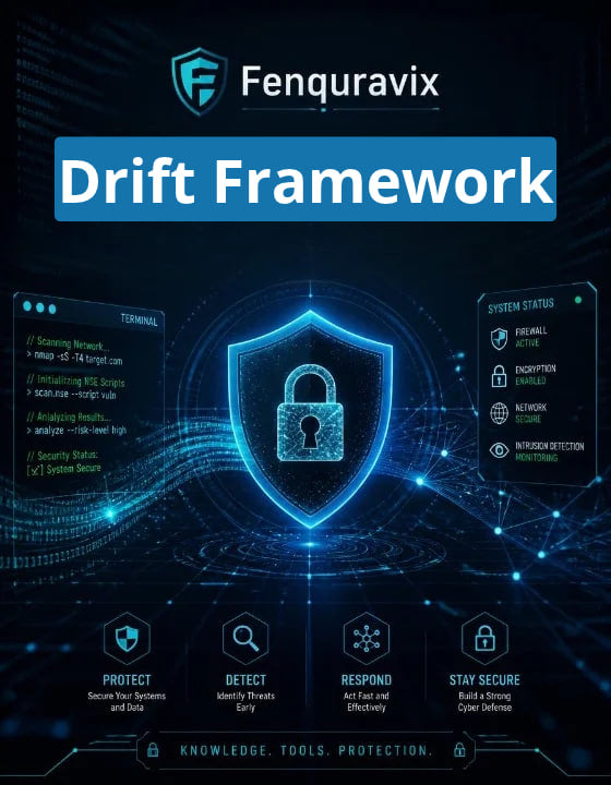 Promotional graphic for Fenquravix Drift Framework featuring a dark blue and black digital security theme with a glowing blue padlock shield, terminal logs, status panel, and five security icons at the bottom.