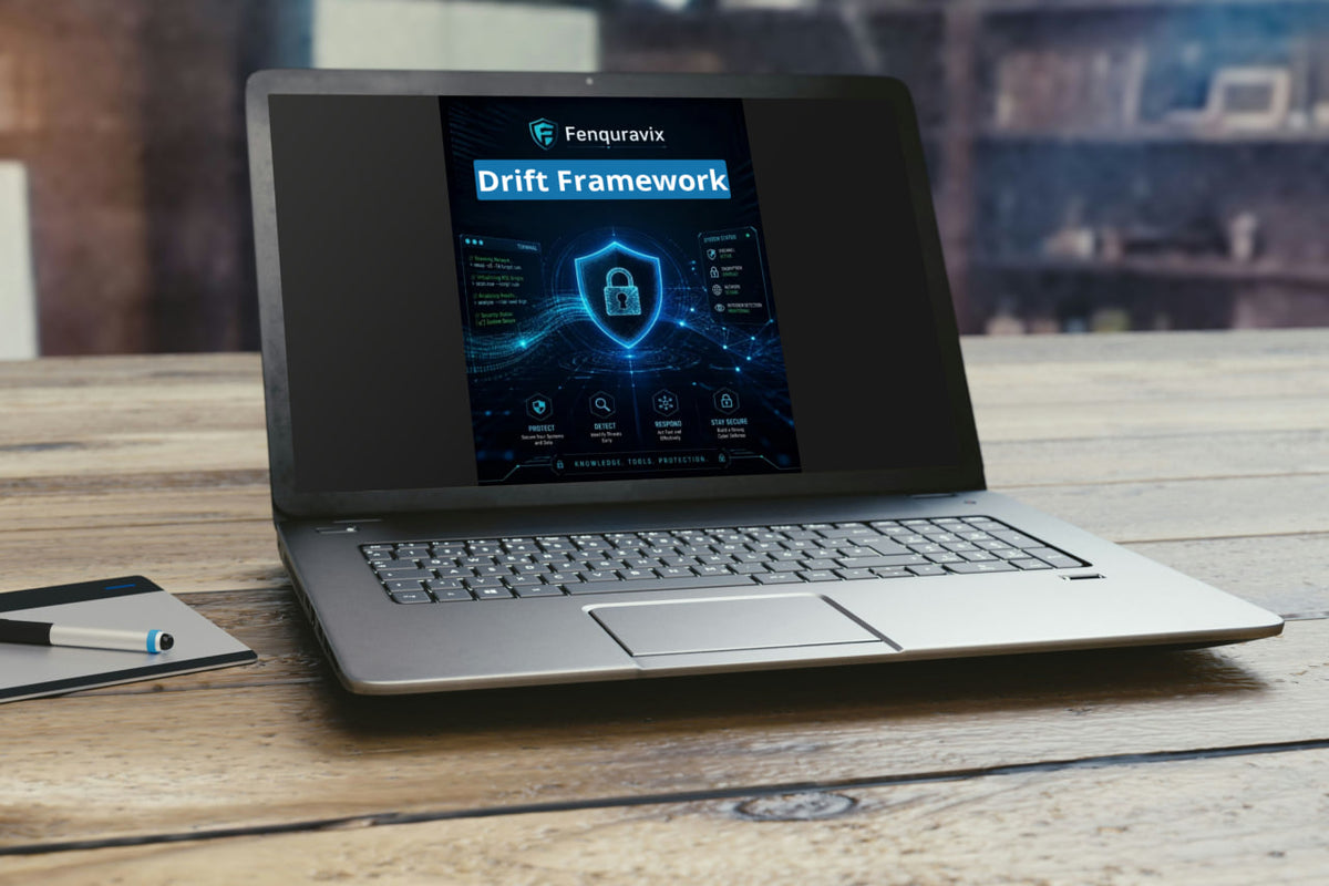 A silver laptop sits open on a rustic wooden table, displaying a digital screen with a blue and black 'Drift Framework' interface. A small notebook with a pen rests to the left, and the background is a softly blurred indoor setting.