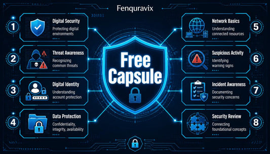 A digital infographic titled 'Fenquravix' with a central glowing blue shield labeled 'Free Capsule' surrounded by numbered cybersecurity topics such as digital security, threat awareness, digital identity, data protection, network basics, suspicious activity, incident awareness, and security review on a dark tech-style background.