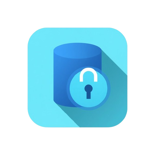 A flat icon of a blue cylinder with a lock and keyhole symbol on a rounded light blue square, set against a plain white background.