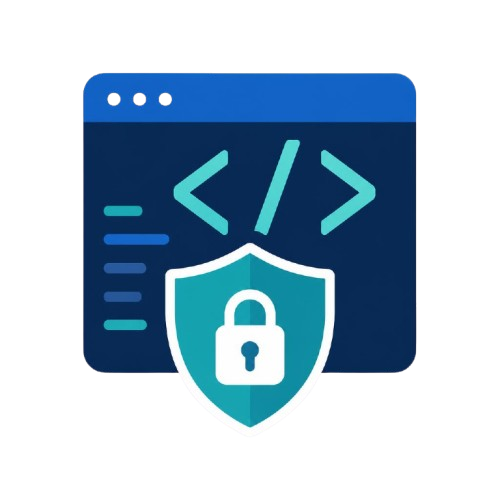 A flat vector icon depicting a computer window with code symbols and a teal security shield with a white padlock, set against a plain white background.