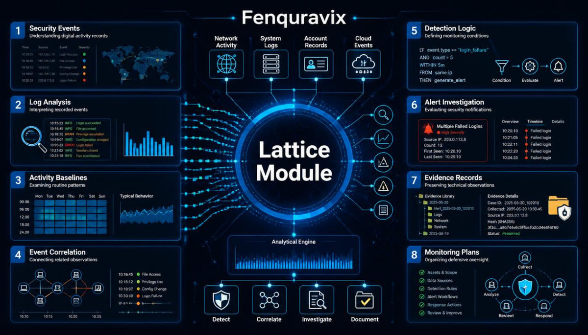 A digital infographic titled 'Fenquravix' and 'Lattice Module' showing a futuristic dark blue technology dashboard with multiple circular and rectangular panels detailing security events, log analysis, activity baselines, event correlation, detection logic, alert investigation, evidence records, and monitoring plans.