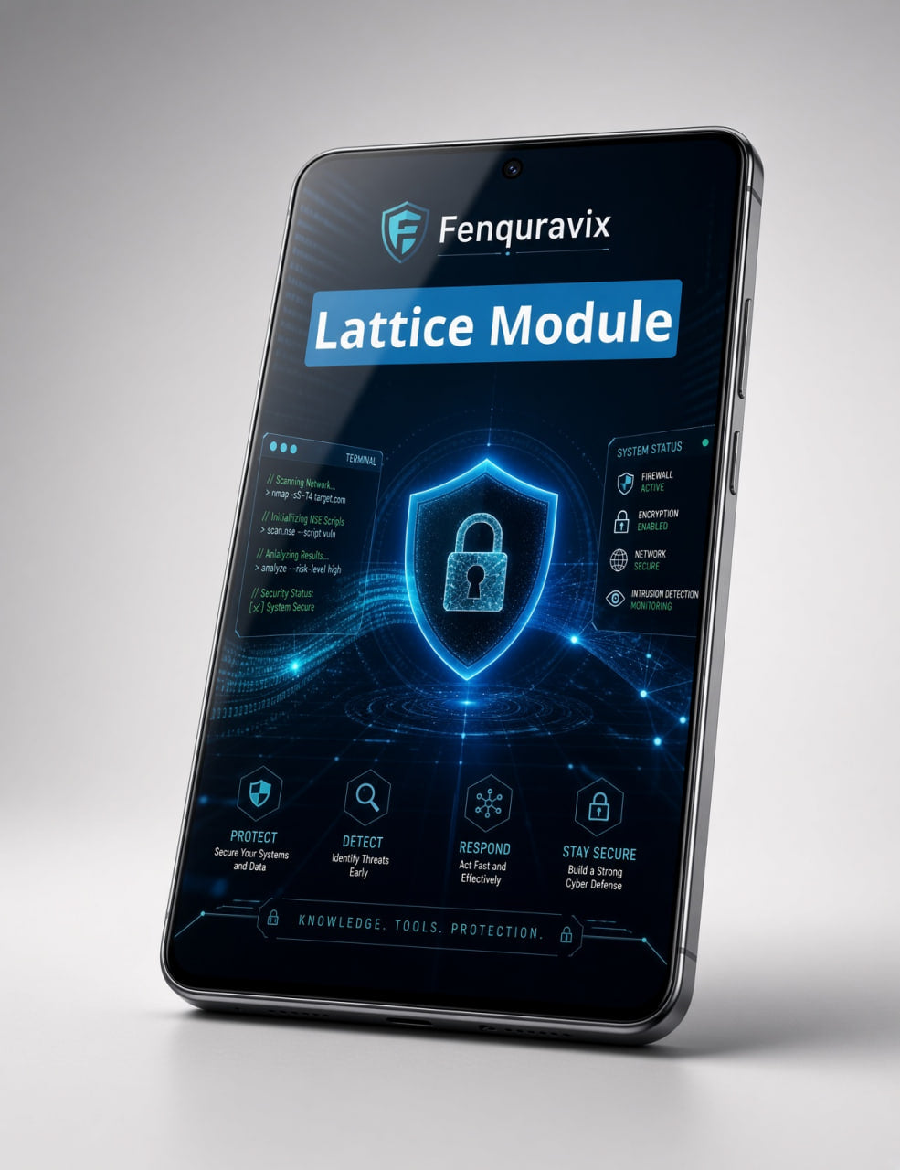 A black smartphone shown at an angle on a light gray studio background, displaying a digital security app interface with the brand name Fenkuravix and the text 'Lattice Module' in blue and white.