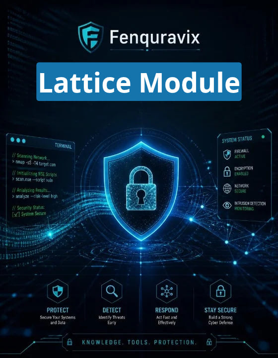 Promotional graphic for the Fenquravix Lattice Module, featuring a dark blue and black digital security theme with a glowing blue padlock shield, terminal logs, status panels, and feature icons.