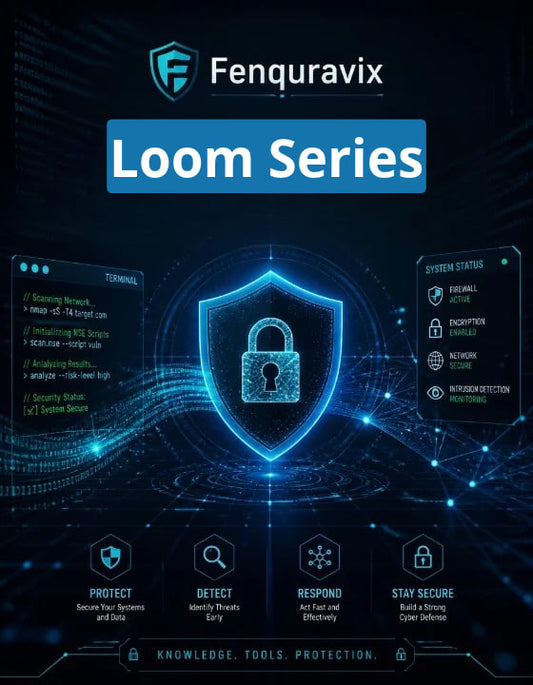 Promotional graphic for Fenquravix Loom Series cybersecurity software, featuring a glowing blue digital shield with a padlock icon in the center, terminal windows, security icons, and the Fenquravix branding on a dark blue tech-themed background.