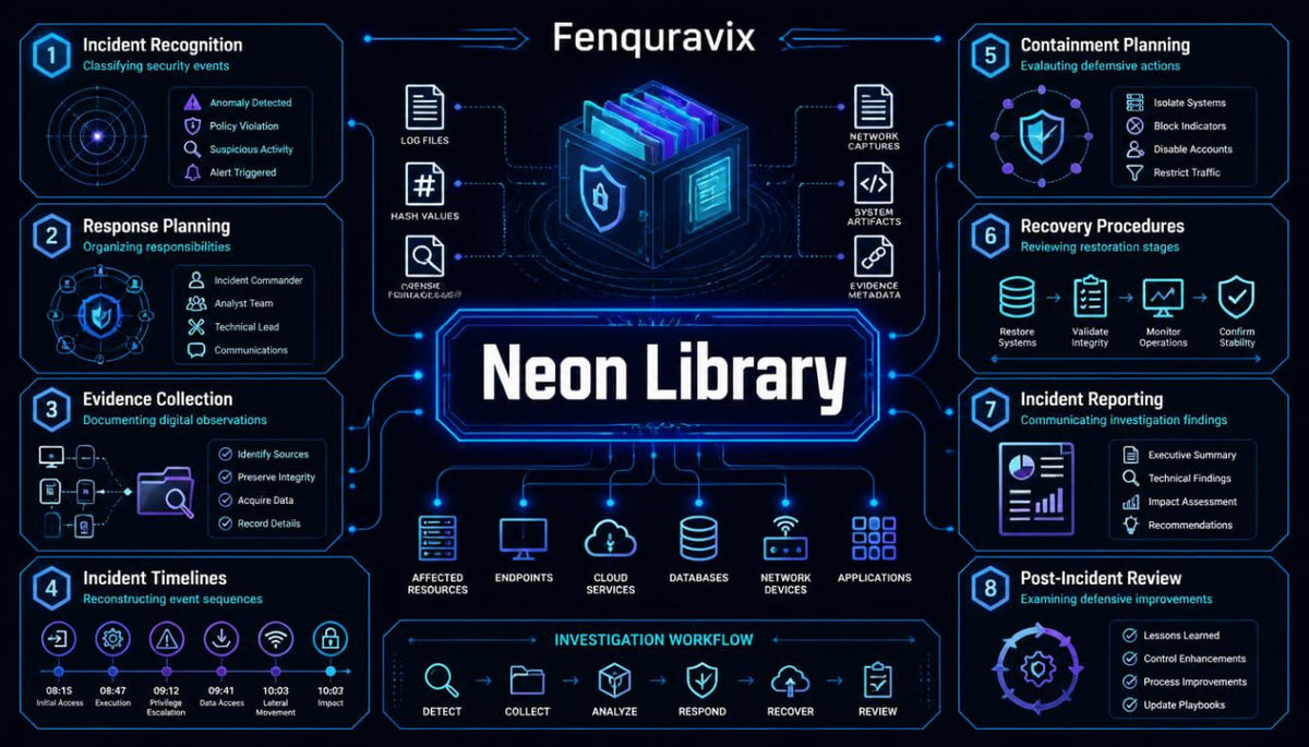 A digital infographic diagram titled 'Fenquravix' and 'Neon Library' showing a 9-step incident response workflow with icons, labels, and a glowing central cube on a dark blue background.