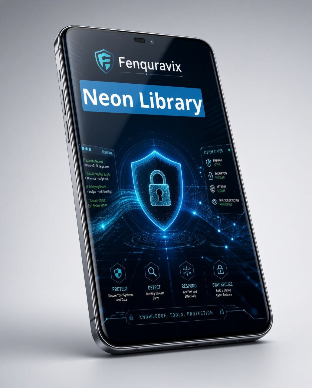 A smartphone shown at an angle on a light gray background, displaying a futuristic app interface titled 'Fenkuravix' and 'Neon Library' with glowing blue security-themed graphics.