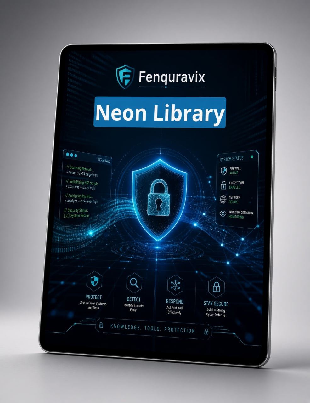 A tablet device displaying the Fenquravix Neon Library security dashboard, shown at an angle against a neutral gray background.