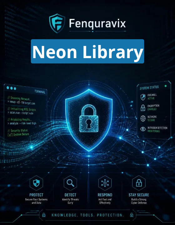 Promotional graphic for Fenquravix Neon Library cybersecurity software, featuring a dark blue and black digital background with a glowing blue padlock shield, status panel, terminal window, and feature icons.