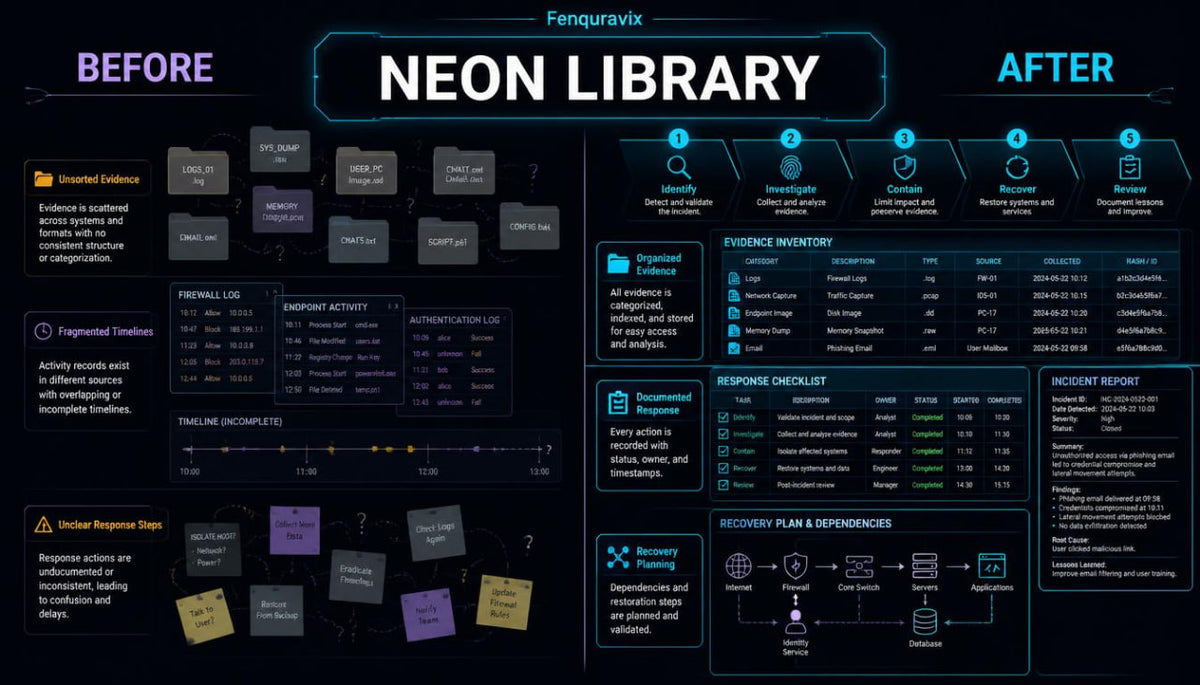 A digital infographic poster titled 'NEON LIBRARY' by Fenquravix, showing a 'BEFORE' and 'AFTER' comparison layout with various dark-themed boxes, text, and diagrams on a black background.