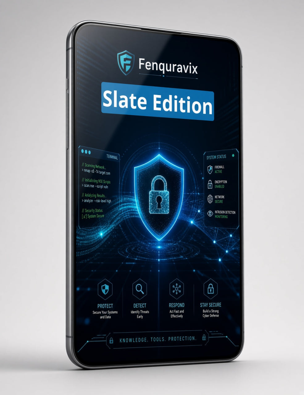 A smartphone mockup displaying a digital security interface for Fenquravix Slate Edition, shown against a light gray studio background.
