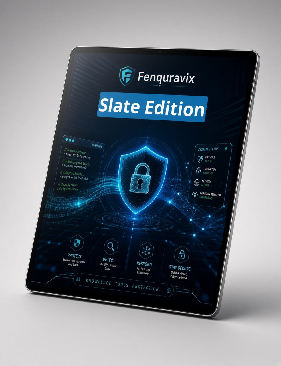 A tablet device shown at an angle on a light gray background, displaying a blue and black digital interface with the text 'Fenquravix' and 'Slate Edition' on the screen.