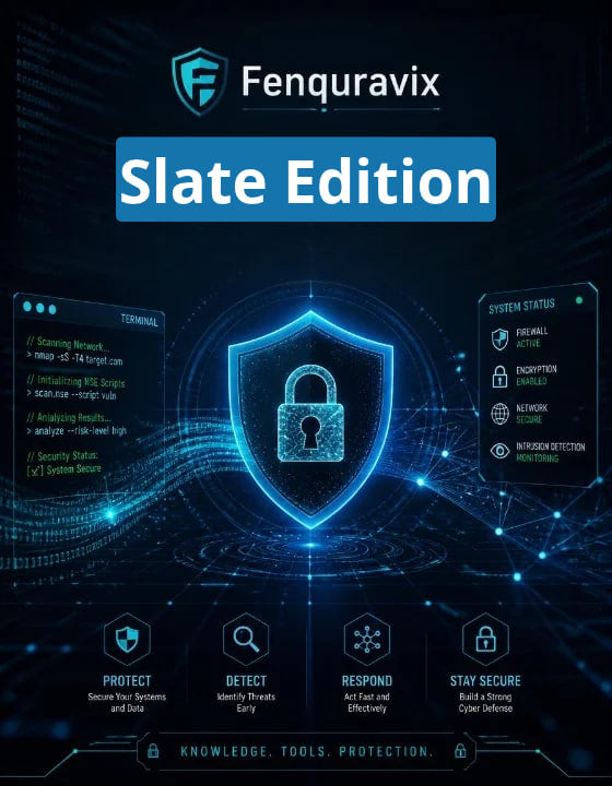 Promotional graphic for Fenquravix Slate Edition cybersecurity software, featuring a dark blue and black digital background with a glowing blue shield and padlock icon in the center. The Fenquravix logo is displayed at the top, with the text 'Slate Edition' in a blue banner.