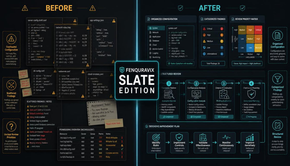 A digital infographic poster titled 'FENQURAVIX SLATE EDITION' comparing 'BEFORE' and 'AFTER' states with various dark-themed tables, charts, and checklist layouts.