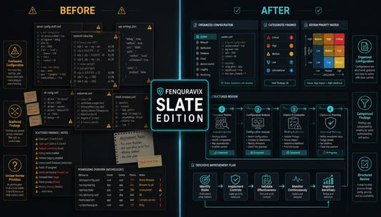 A digital infographic poster titled 'FENQURAVIX SLATE EDITION' comparing 'BEFORE' and 'AFTER' states with various dark-themed tables, charts, and checklist layouts.