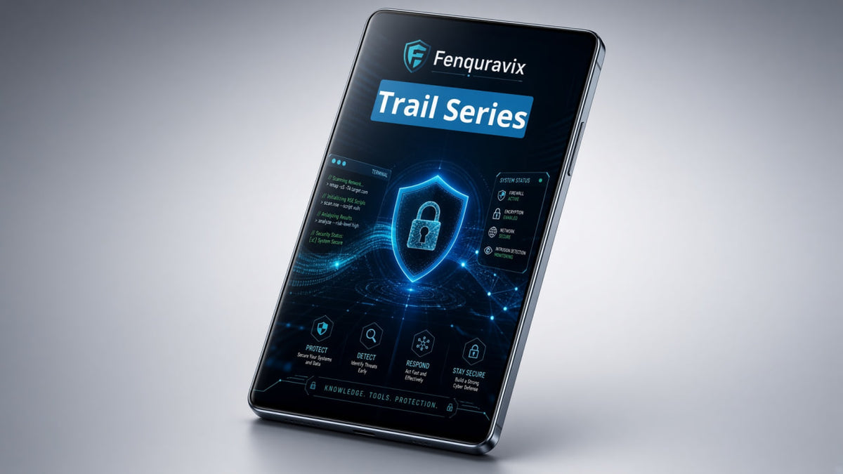 A smartphone shown at an angle on a light gray studio background, displaying a futuristic digital security interface with the visible brand name Fenquravix and the text Trail Series.