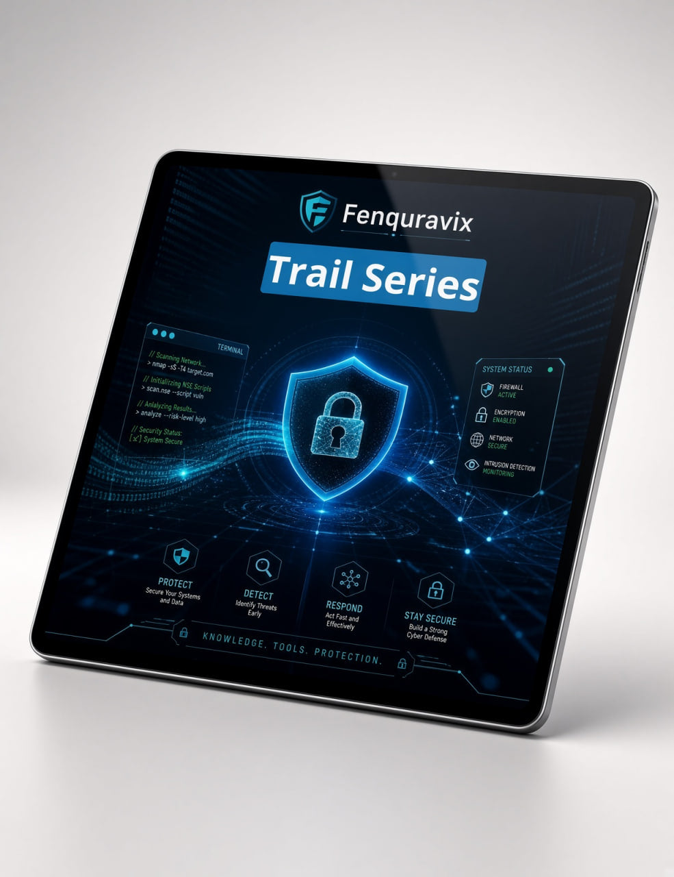 A tablet device displaying a futuristic blue and black software interface titled 'Fenquravix Trail Series' on a light gray studio background.