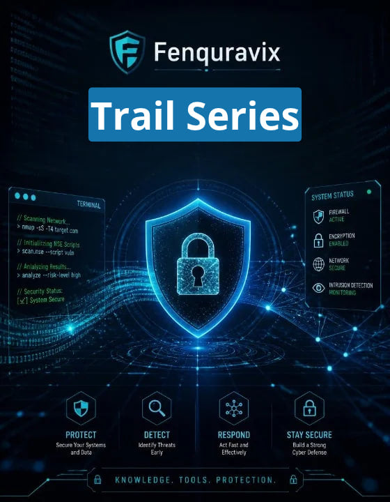 Promotional graphic for Fenquravix Trail Series cybersecurity software, featuring a glowing blue digital shield with a padlock icon in the center, surrounded by feature callouts such as terminal access, status monitoring, and security objectives on a dark blue tech background.
