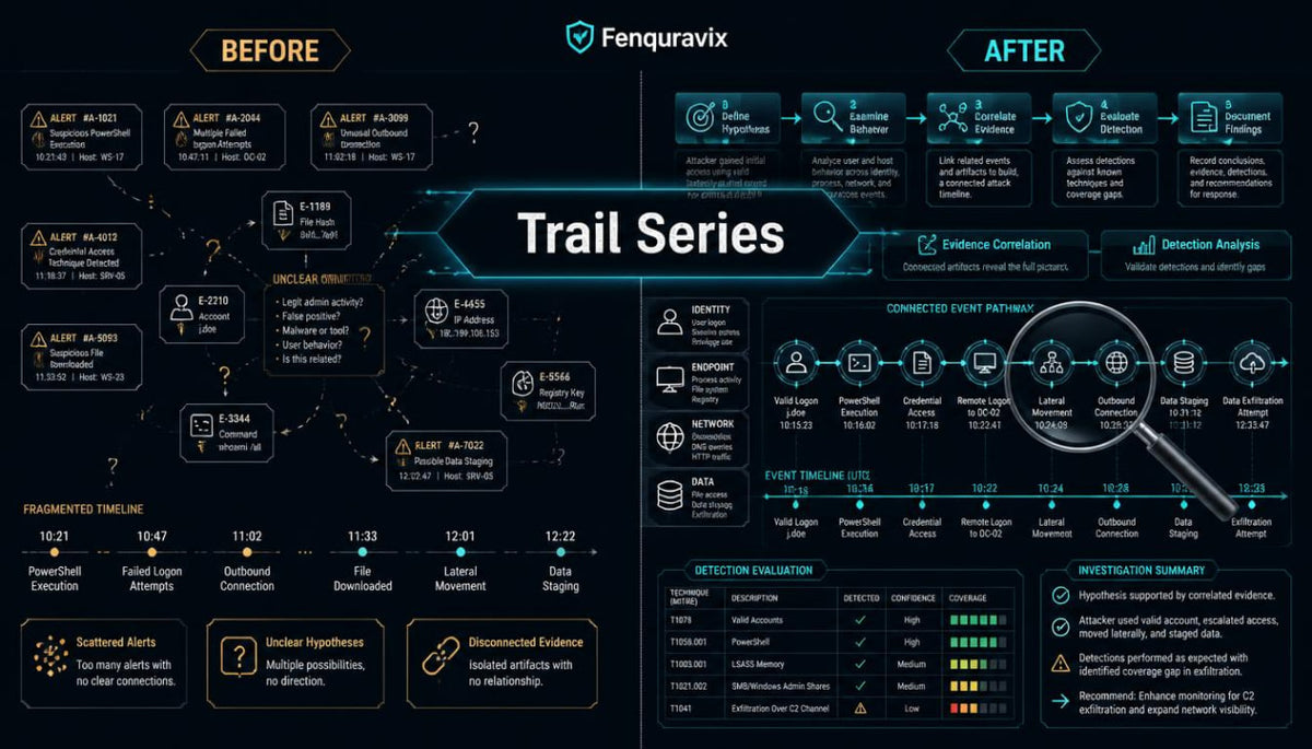 A dark blue and black infographic titled 'Trail Series' by Fenquravix, comparing 'BEFORE' and 'AFTER' states with various cybersecurity and investigation workflow diagrams, boxes, and icons.
